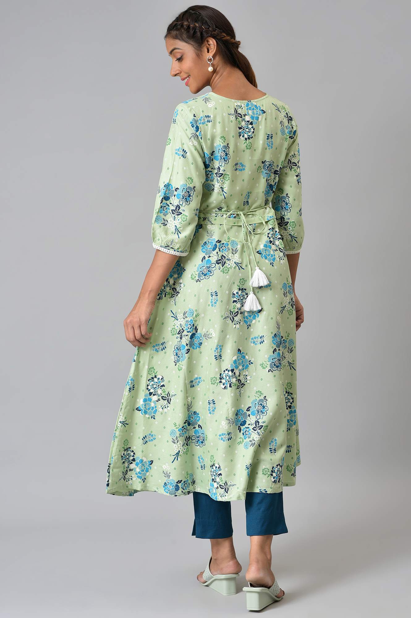 Green Circular Floral Printed LIVA kurta