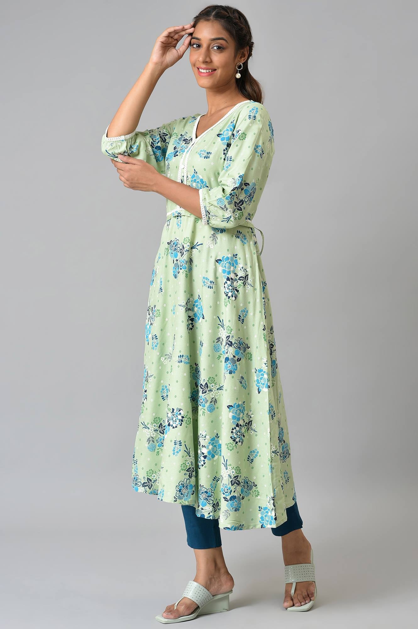 Green Circular Floral Printed LIVA kurta