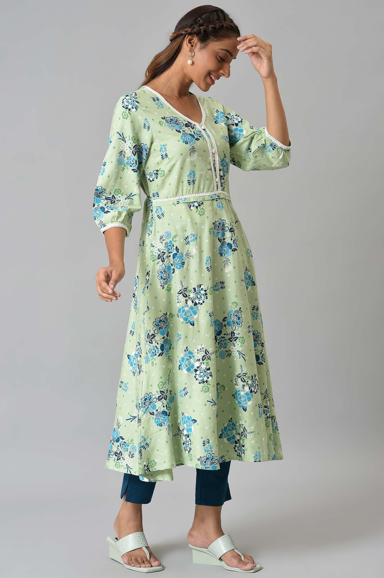 Green Circular Floral Printed LIVA kurta