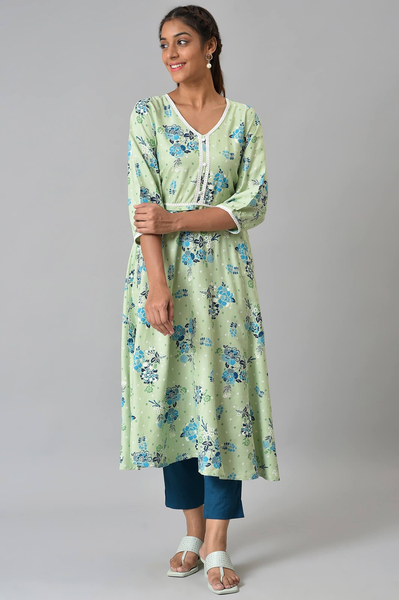 Green Circular Floral Printed LIVA kurta