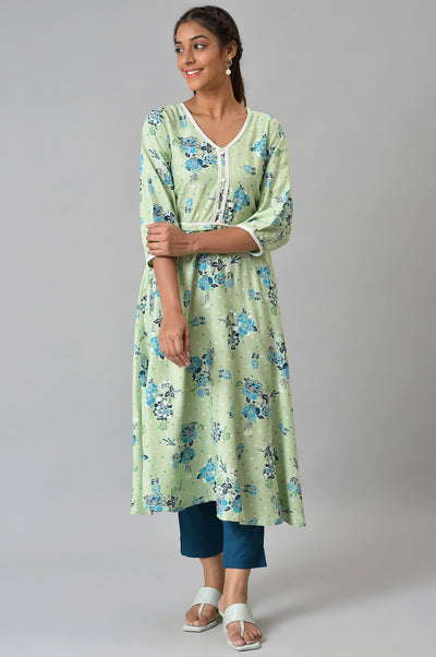 Green Circular Floral Printed LIVA kurta