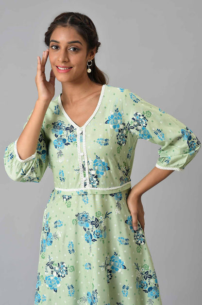 Green Circular Floral Printed LIVA kurta