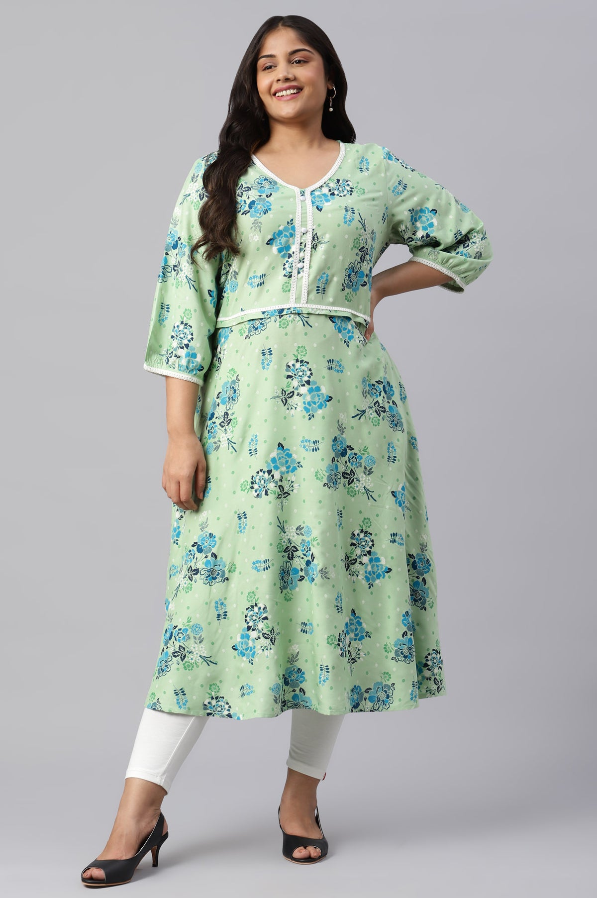 Green Circular Floral Printed Plus Size kurta - 3XL