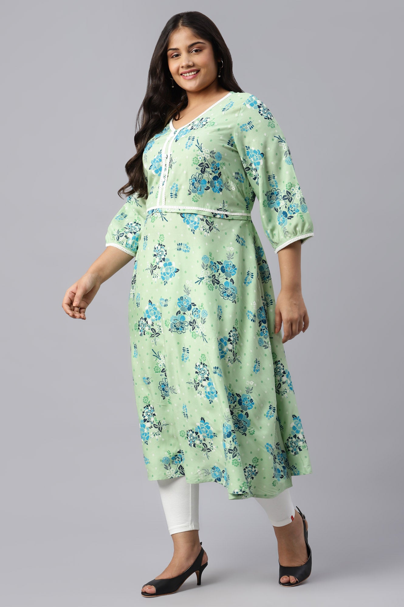 Green Circular Floral Printed Plus Size kurta