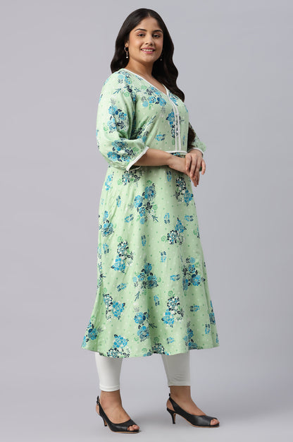 Green Circular Floral Printed Plus Size kurta