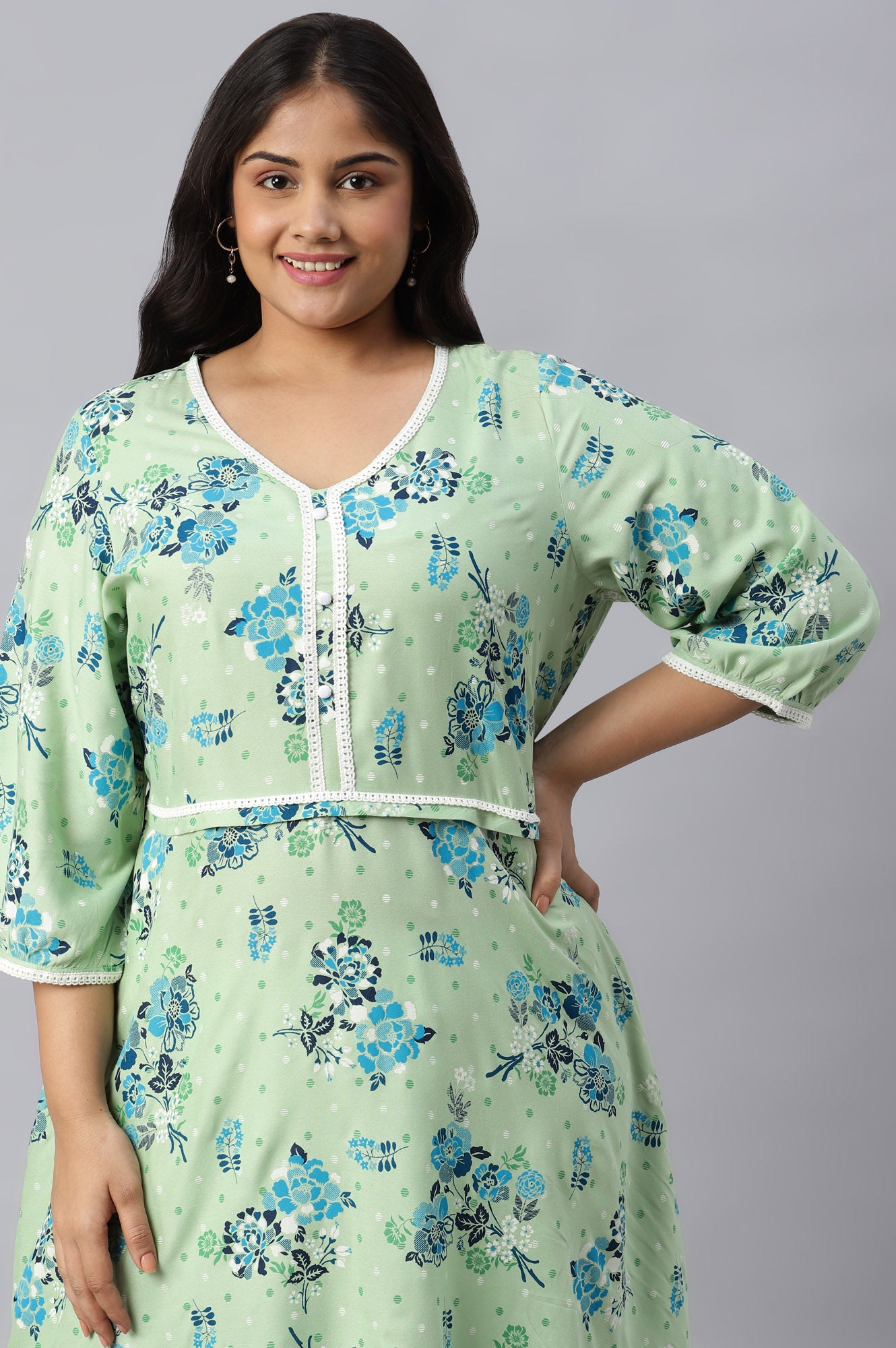 Green Circular Floral Printed Plus Size kurta