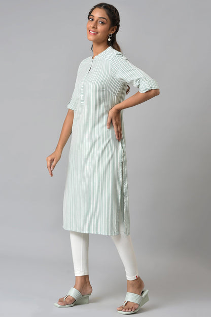 Green Cotton Dobby Satin kurta In Stripe Print