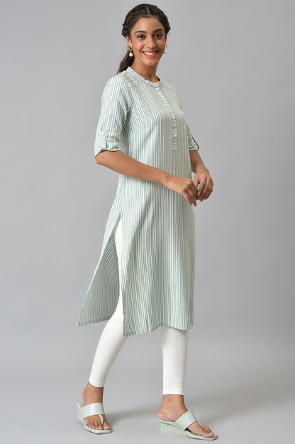 Green Cotton Dobby Satin kurta In Stripe Print