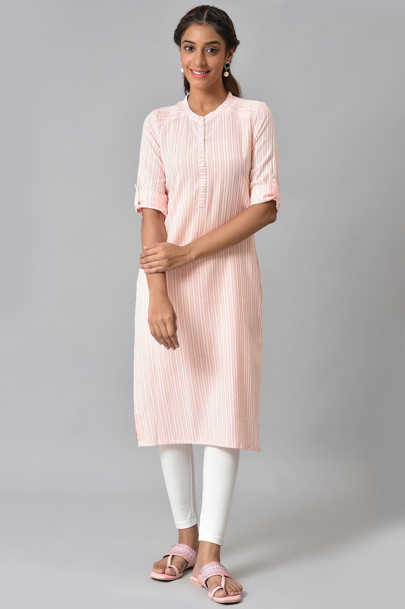 Peach Stripe Printed Mandarin Collar kurta