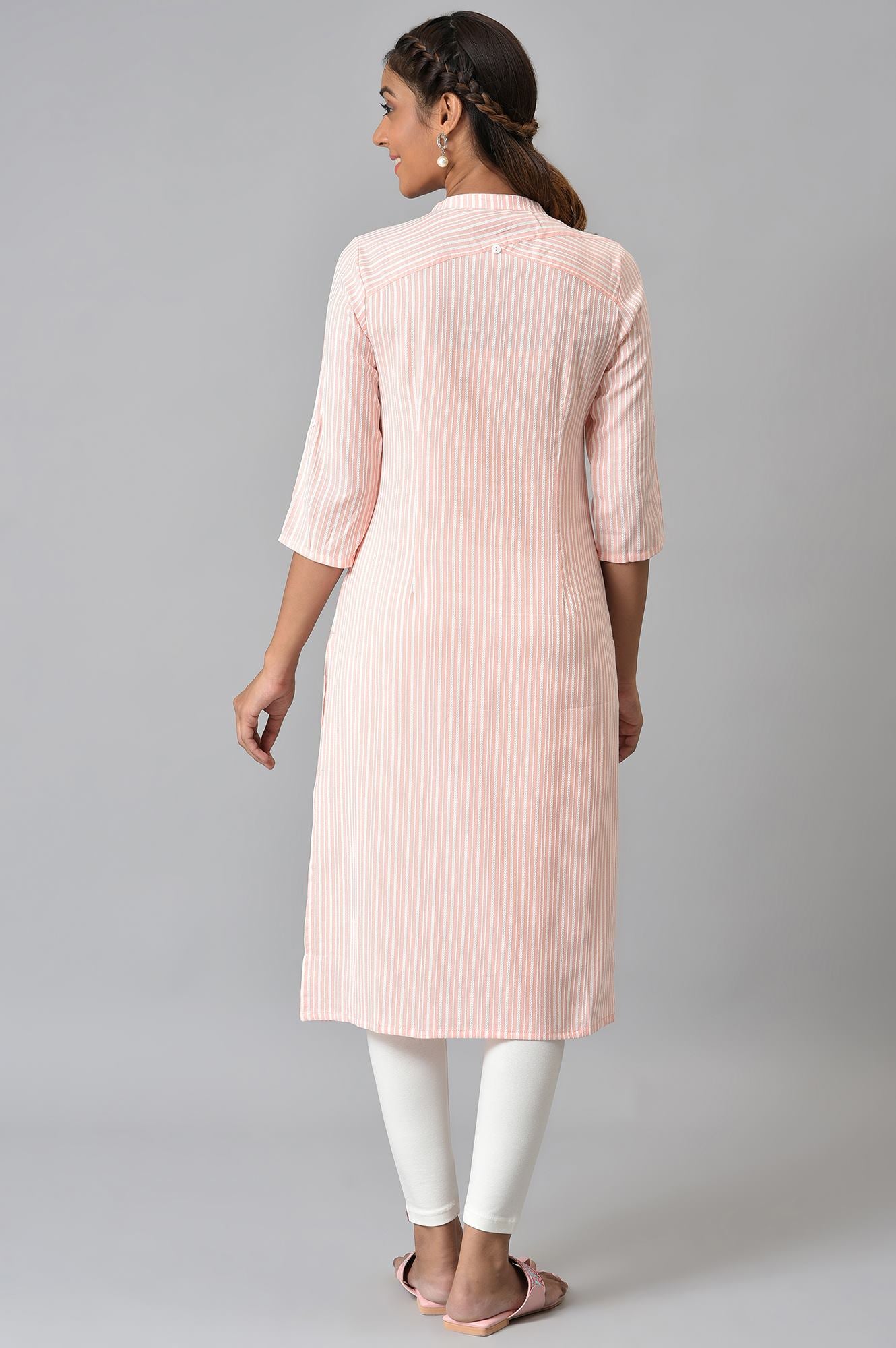 Peach Stripe Printed Mandarin Collar kurta