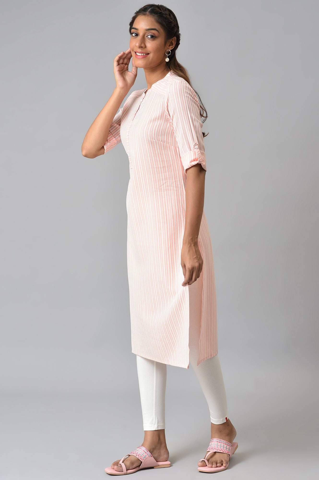 Peach Stripe Printed Mandarin Collar kurta