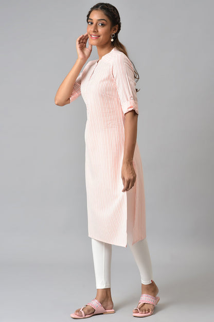 Peach Stripe Printed Mandarin Collar kurta