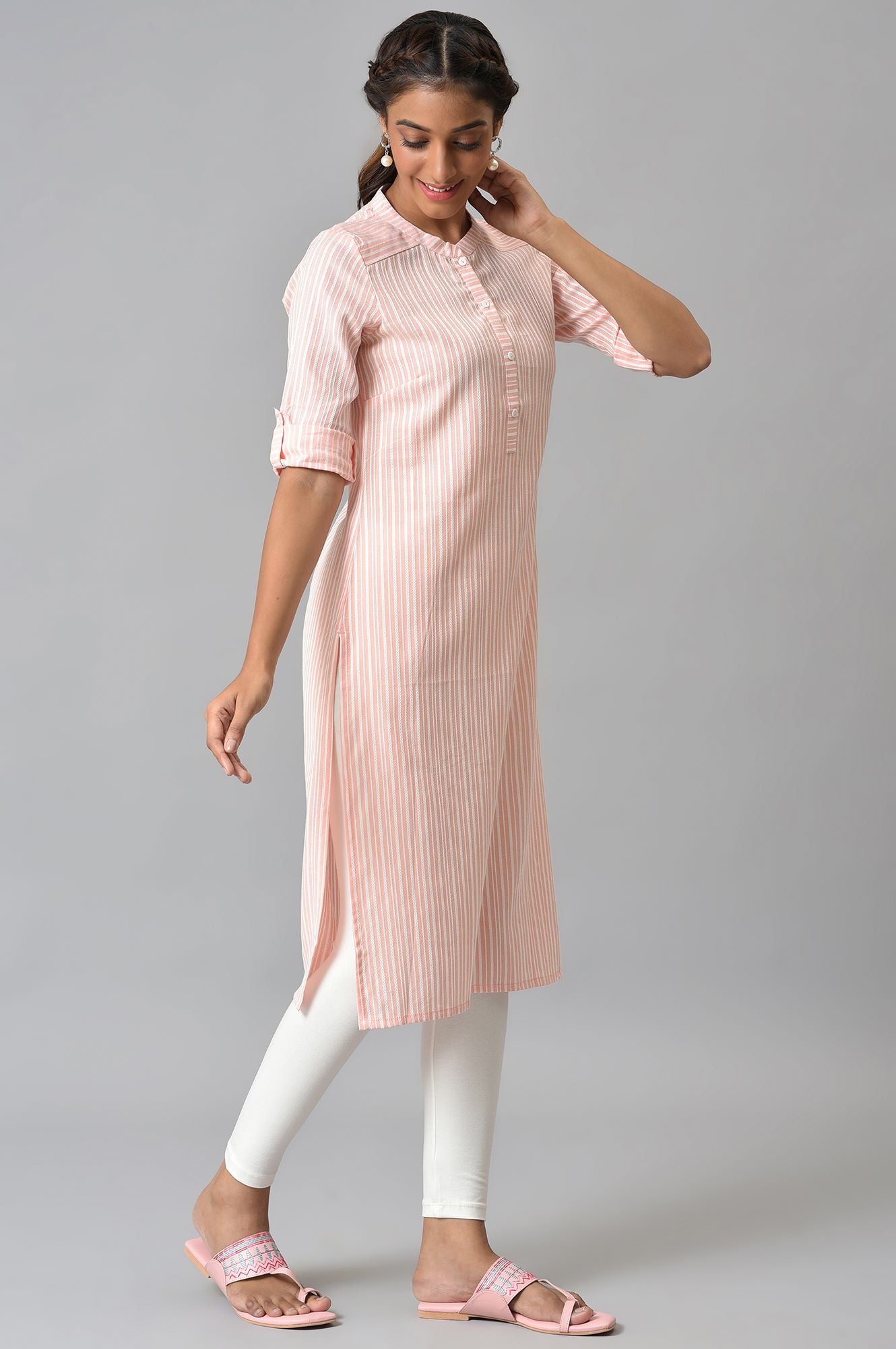 Peach Stripe Printed Mandarin Collar kurta