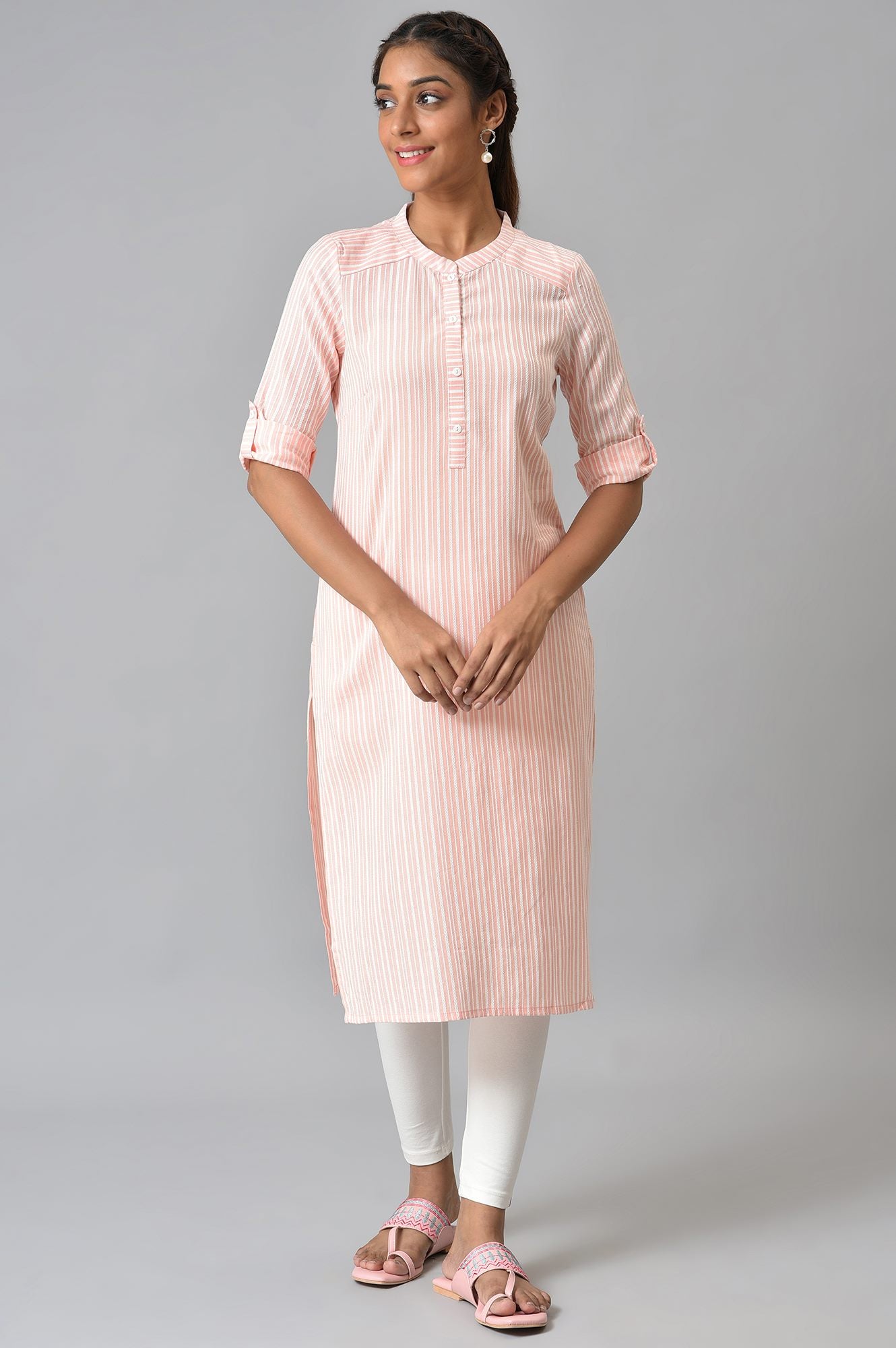 Peach Stripe Printed Mandarin Collar kurta