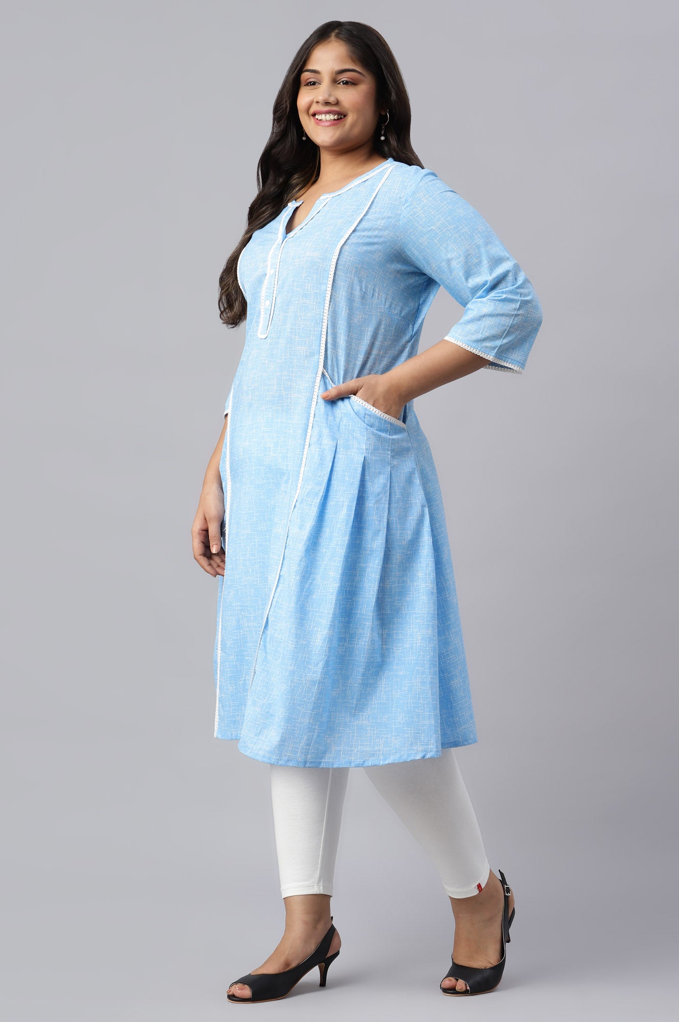 Blue Panelled Cotton Plus Size kurta