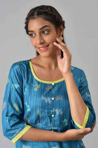 Blue Floral Printed A-line Kurta and Palazzo Set