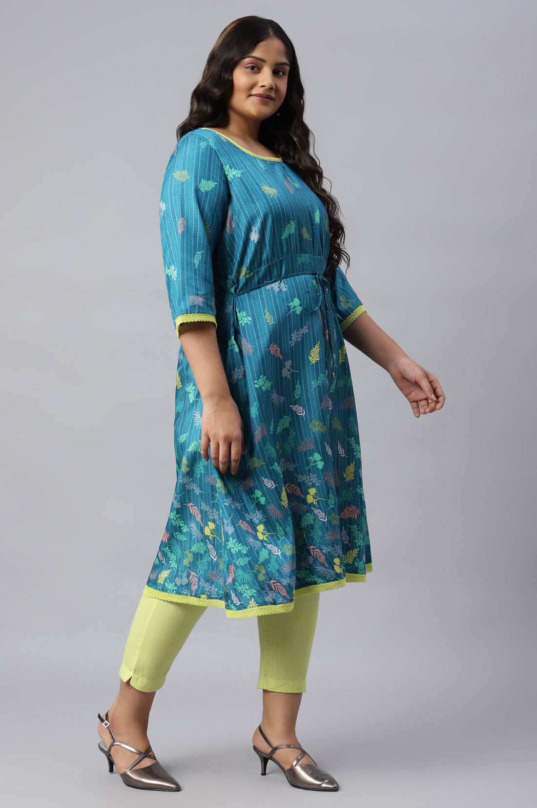 Blue A-line Floral Print Plus Size kurta