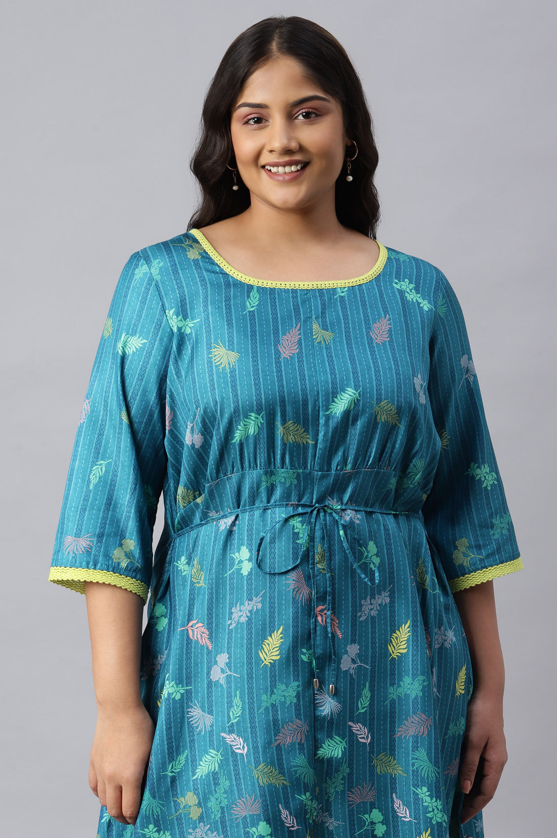 Blue A-line Floral Print Plus Size kurta