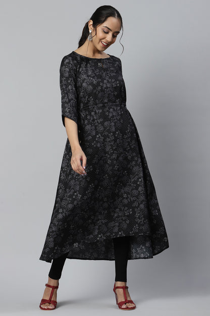 Black Floral Printed Kuchai Silk kurta