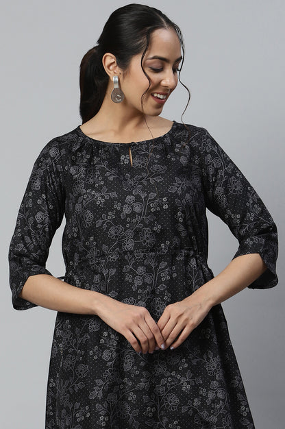 Black Floral Printed Kuchai Silk kurta