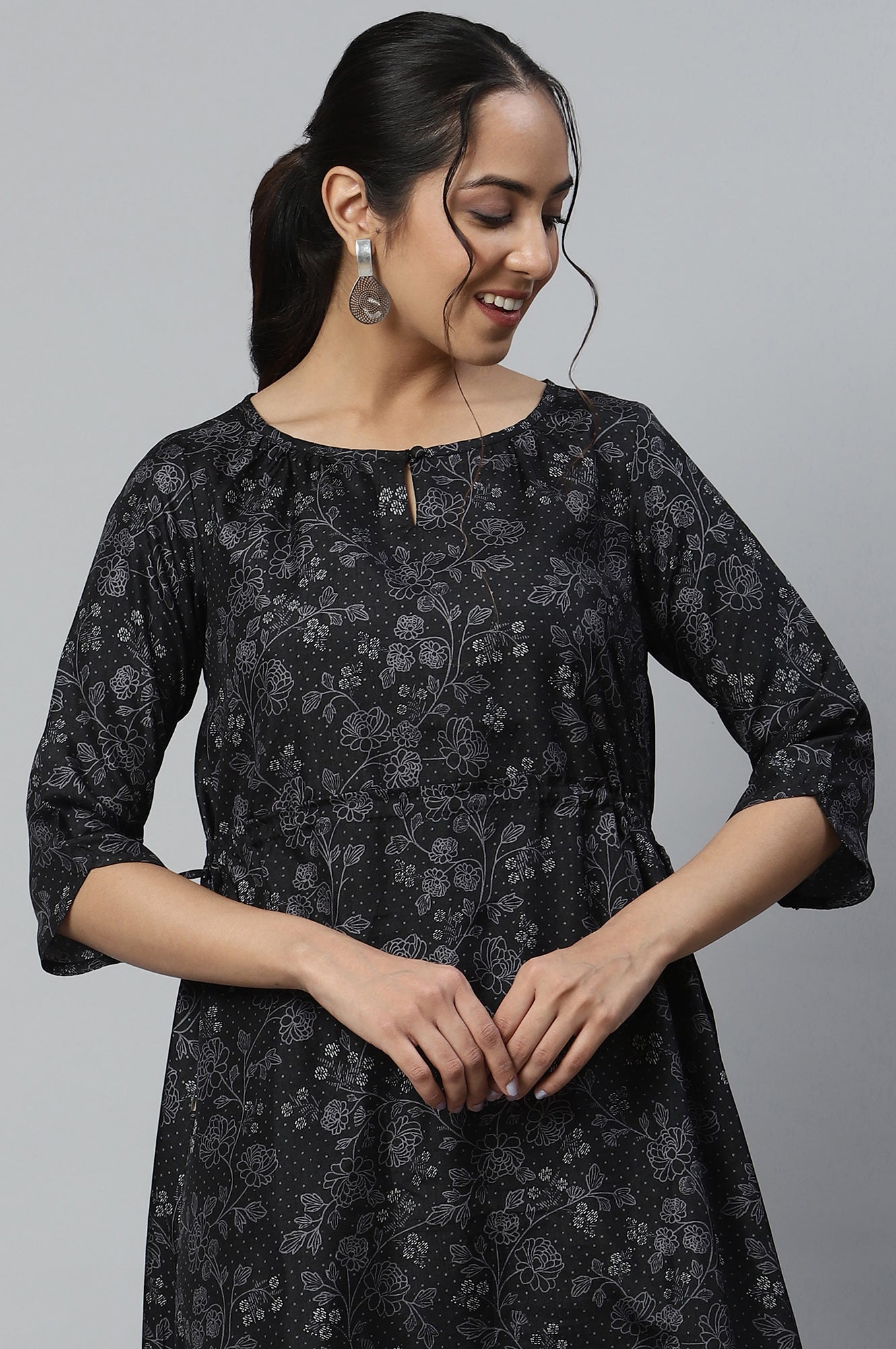 Black Floral Printed Kuchai Silk Kurta