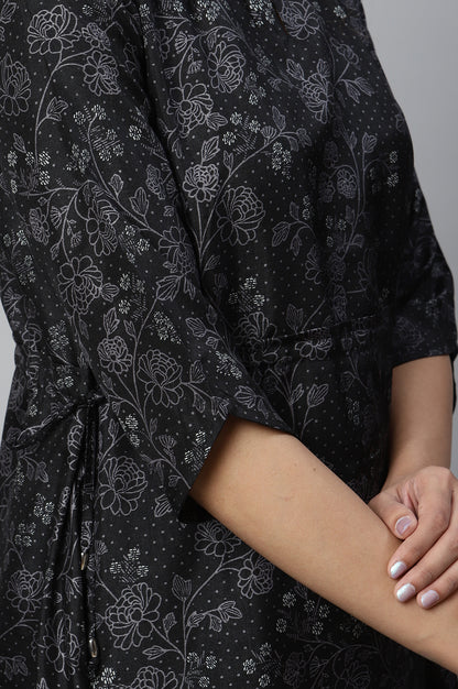 Black Floral Printed Kuchai Silk Kurta