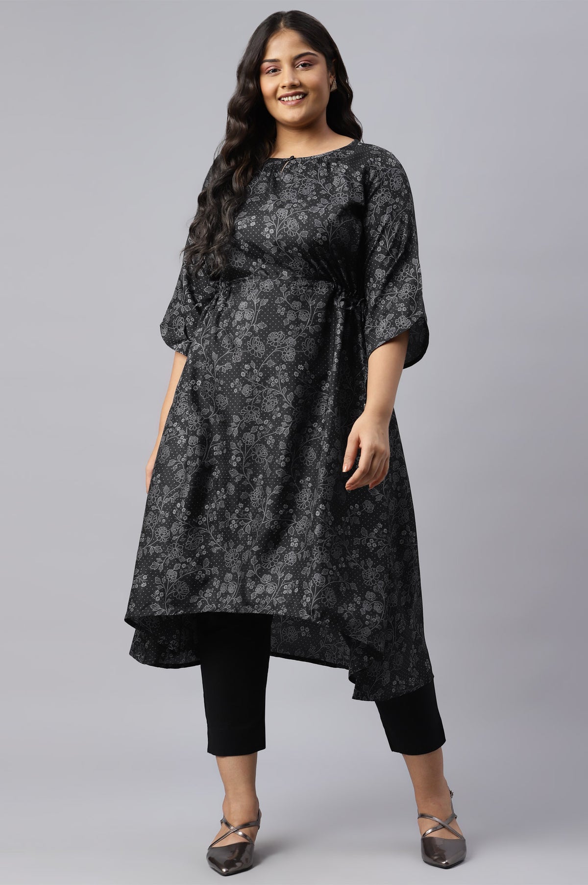 Black Floral Printed Kuchai Silk Plus Size kurta - 3XL