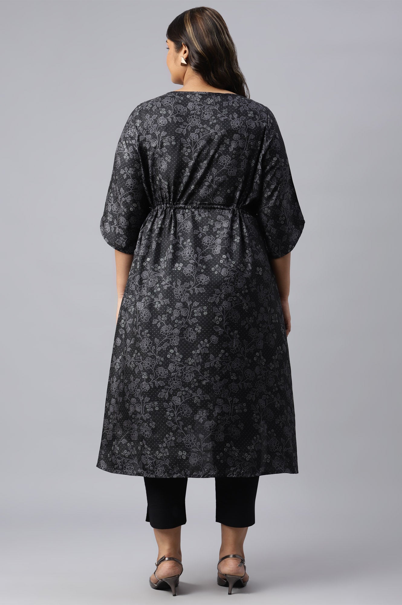 Black Floral Printed Kuchai Silk Plus Size kurta