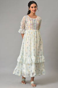 White Ruffle Dress In Round Neck