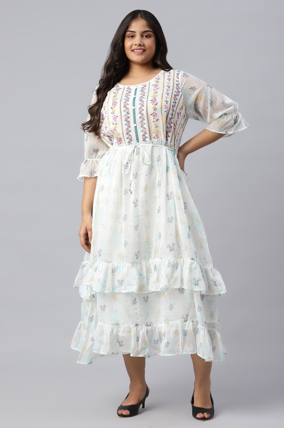 White Ruffle Plus Size Dress in Round Neck - 3XL