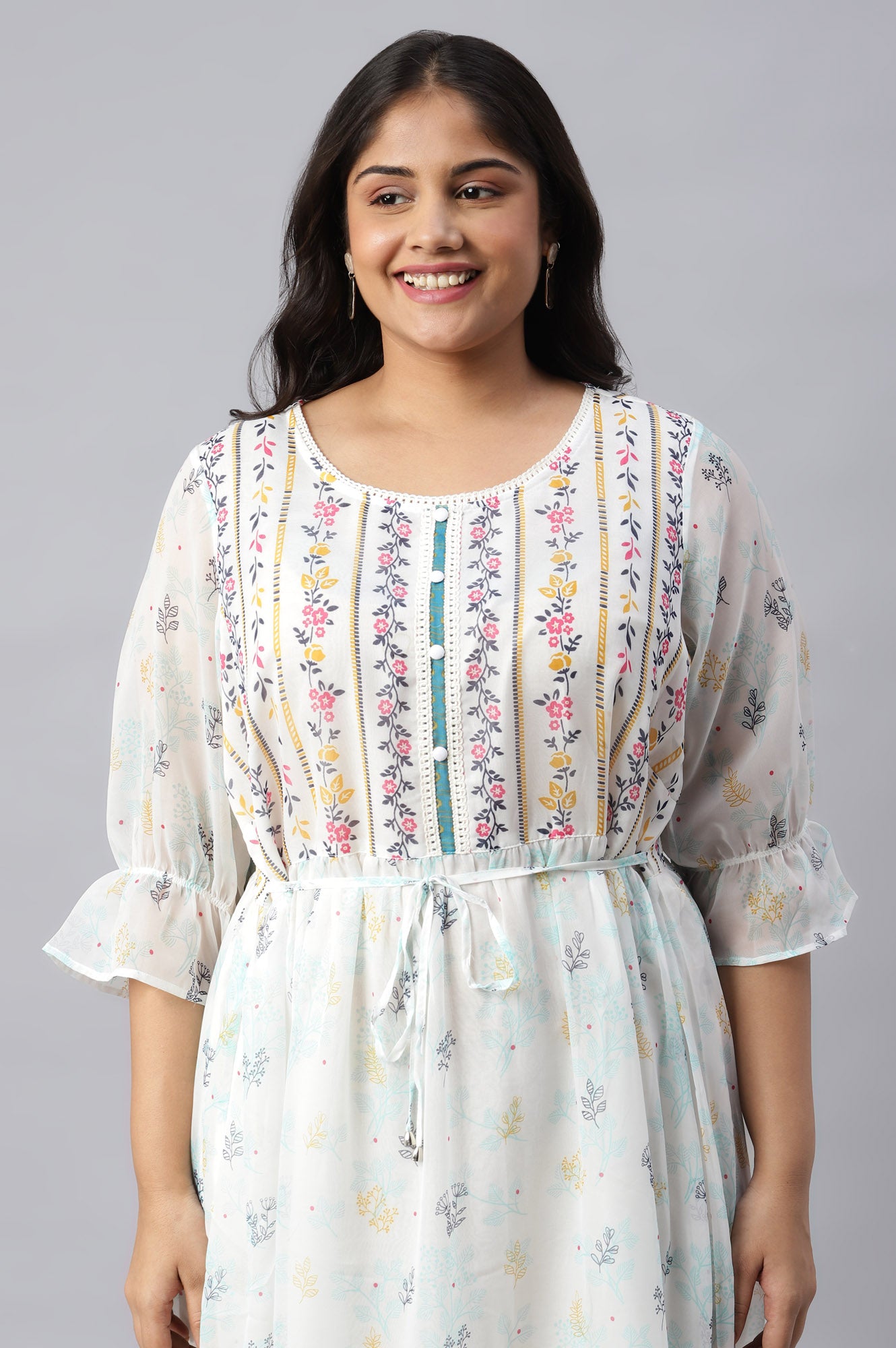 White Ruffle Plus Size Dress in Round Neck