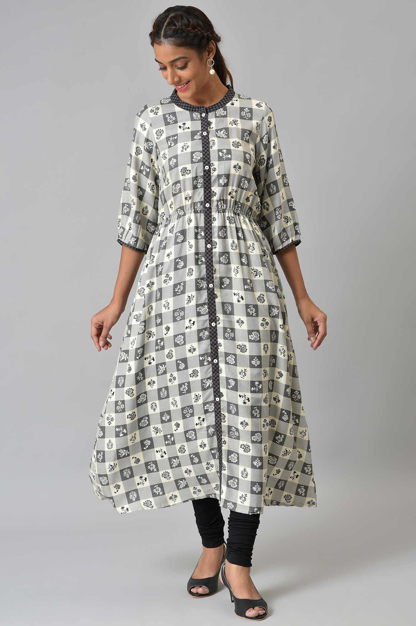 Grey Asymmetrical Colour Blocked Checks kurta