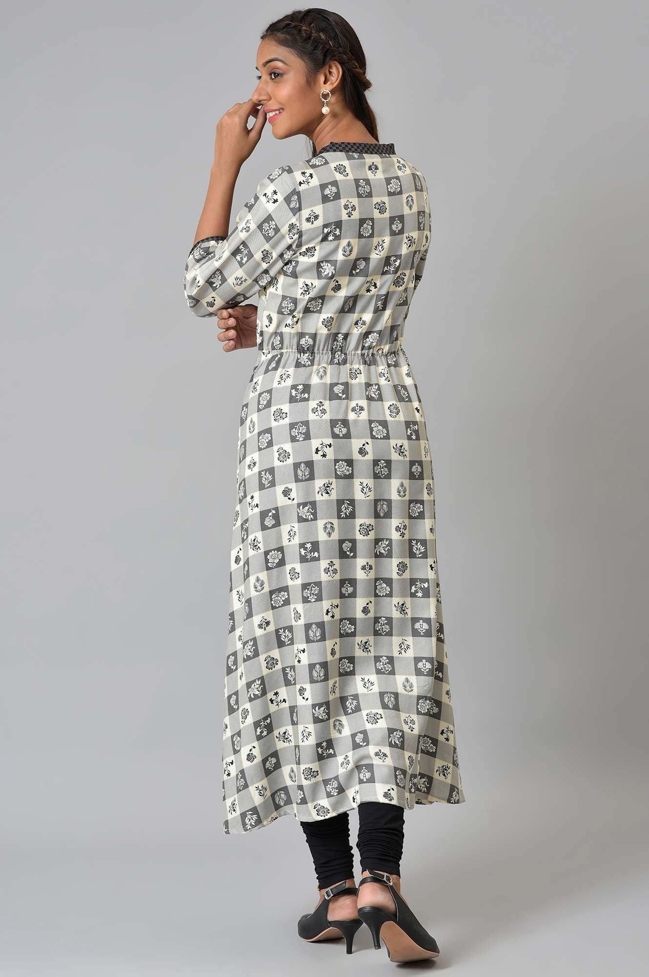 Grey Asymmetrical Colour Blocked Checks kurta