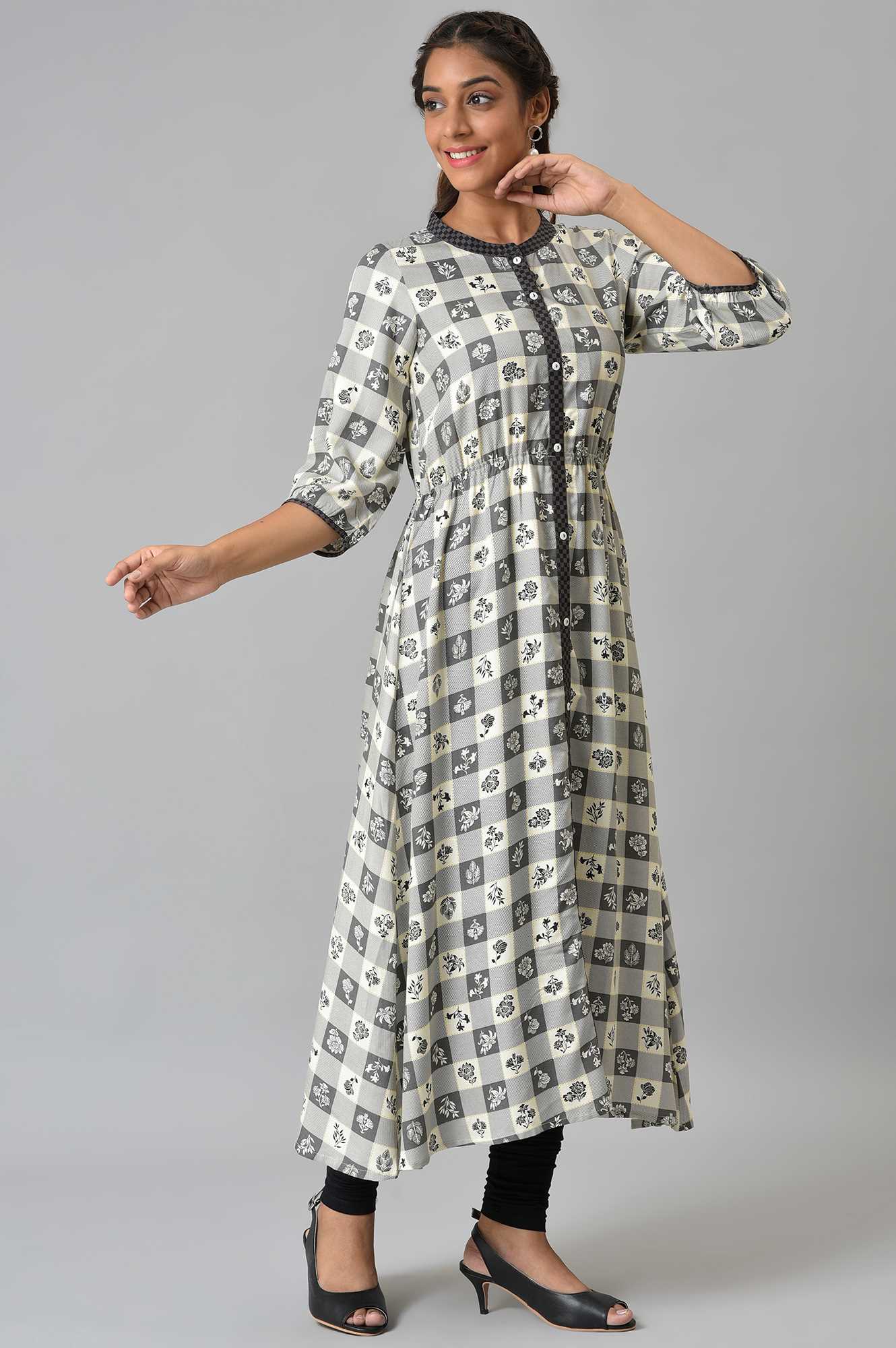 Grey Asymmetrical Colour Blocked Checks kurta