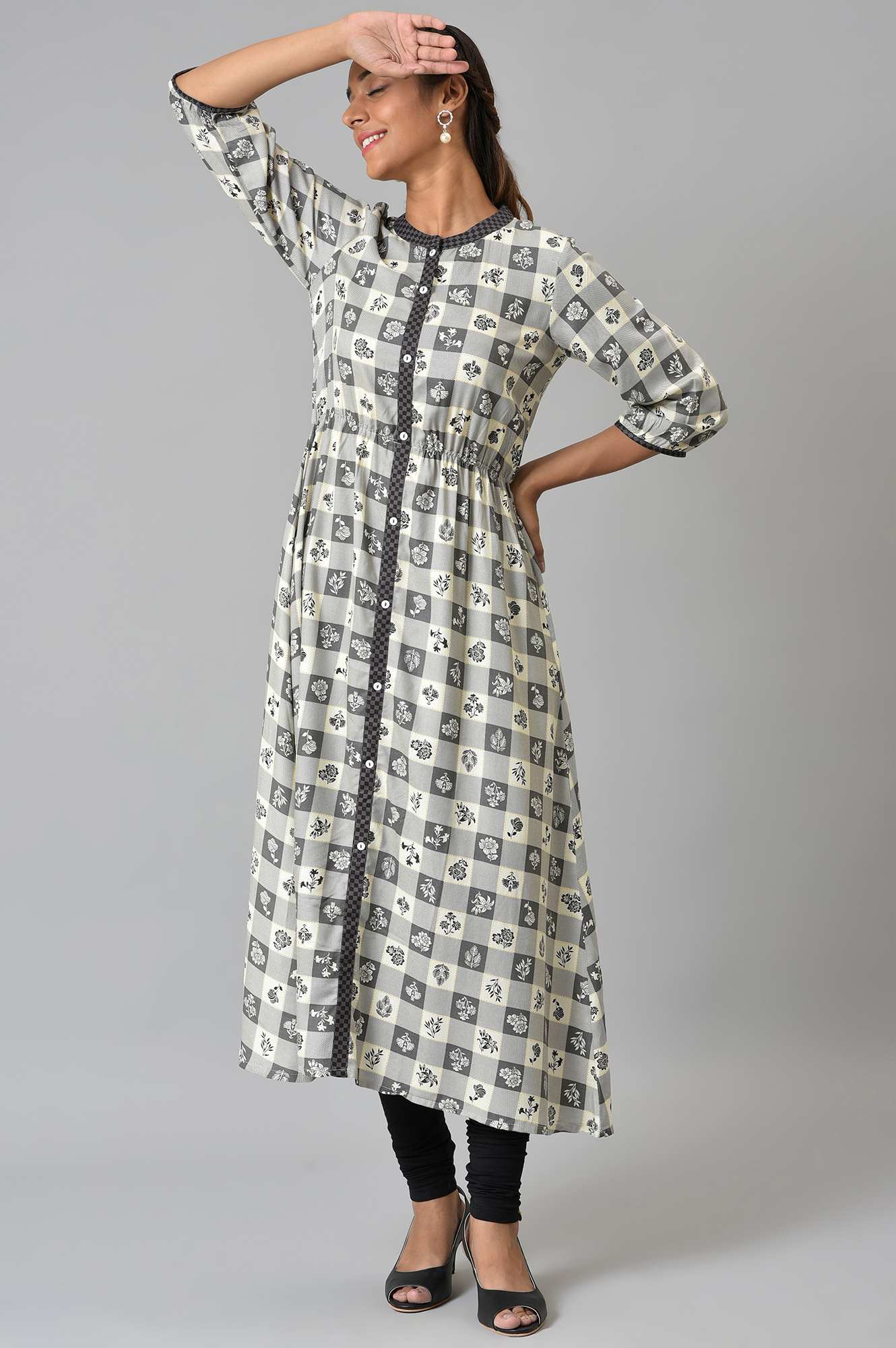 Grey Asymmetrical Colour Blocked Checks kurta