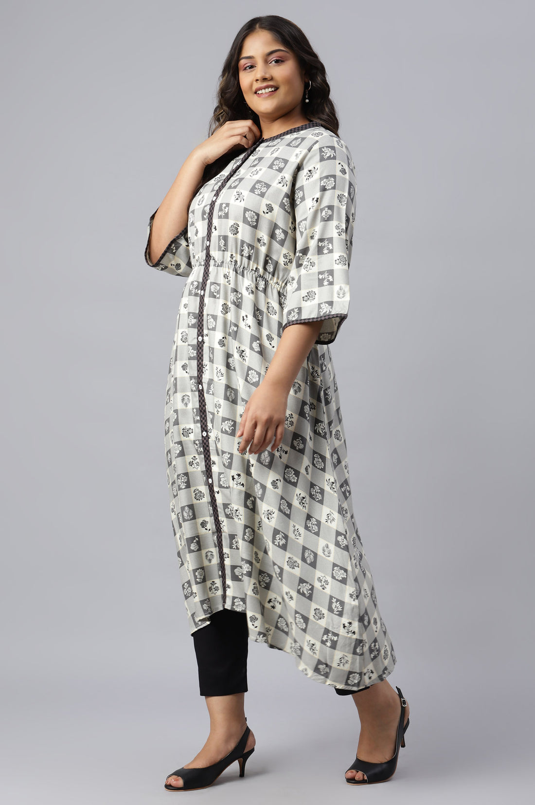 Grey Asymmetrical Printed Plus Size kurta