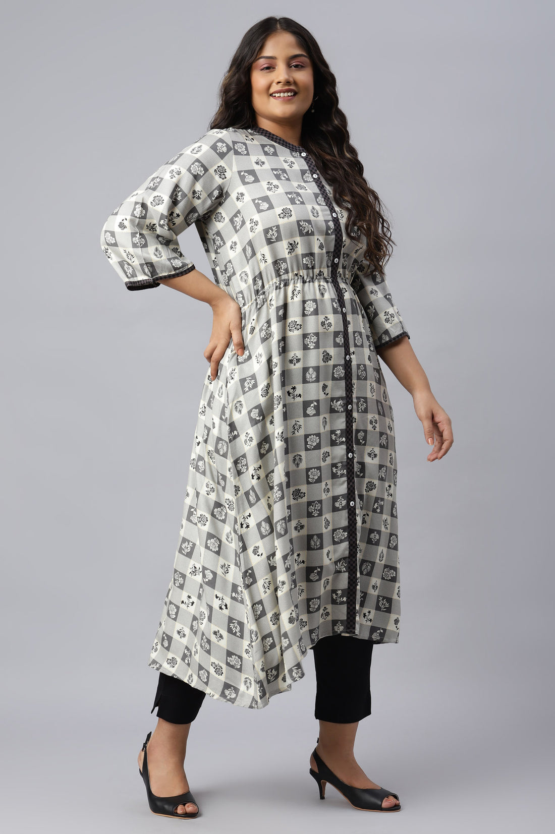 Grey Asymmetrical Printed Plus Size kurta