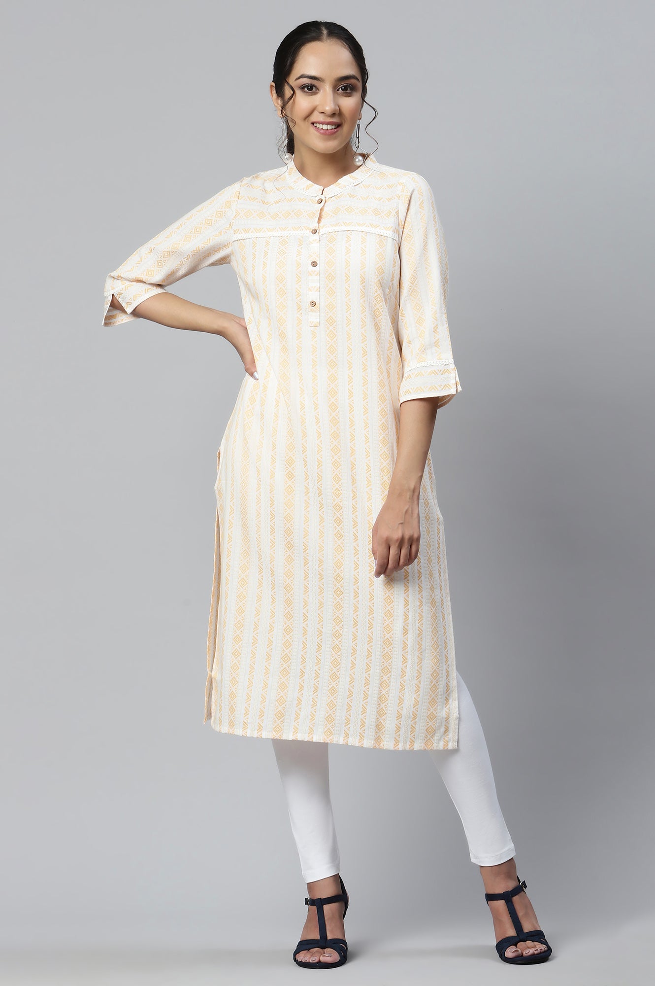 Yellow Cotton Printer Ethnic kurta