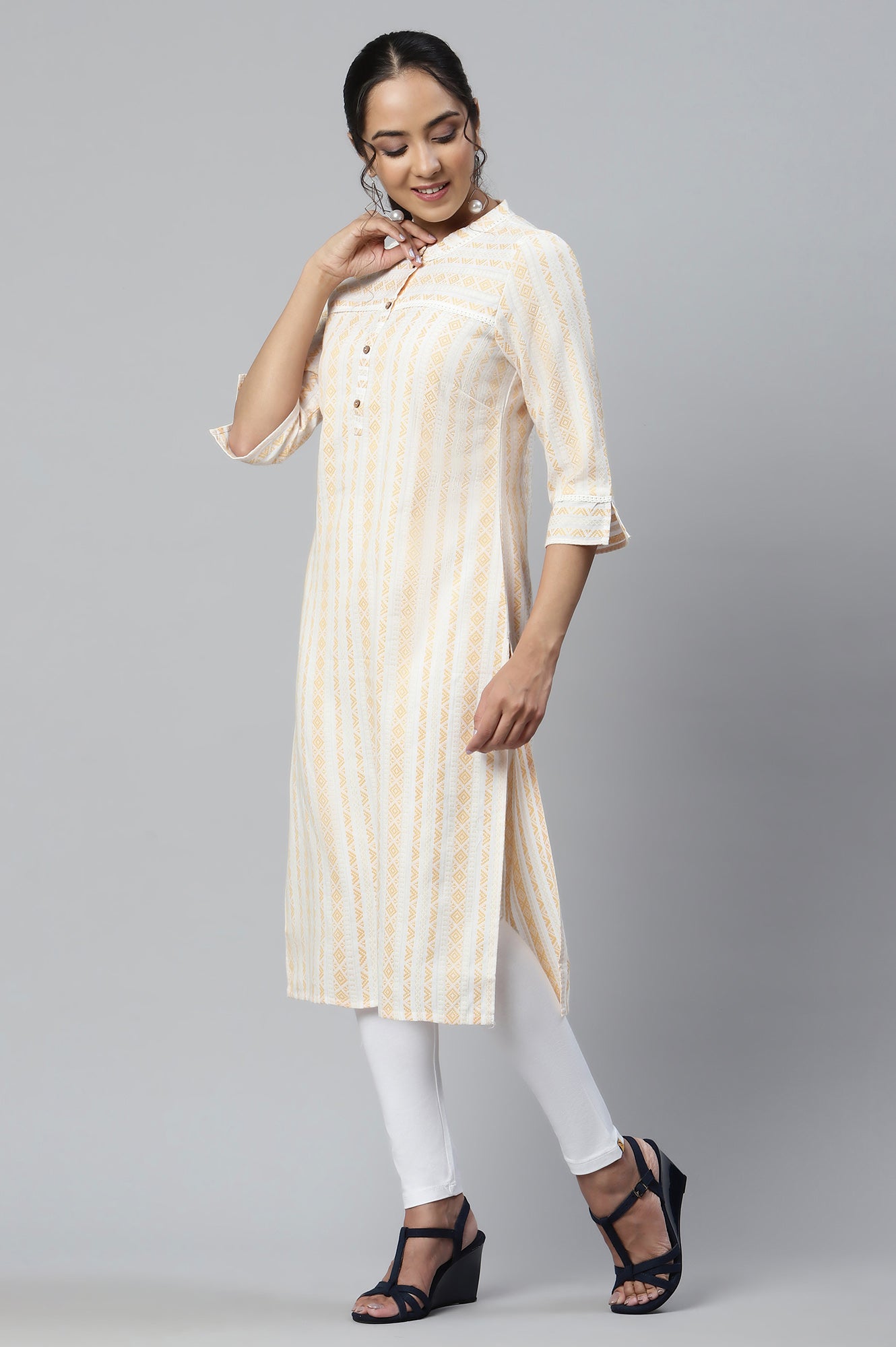 Yellow Cotton Printer Ethnic kurta