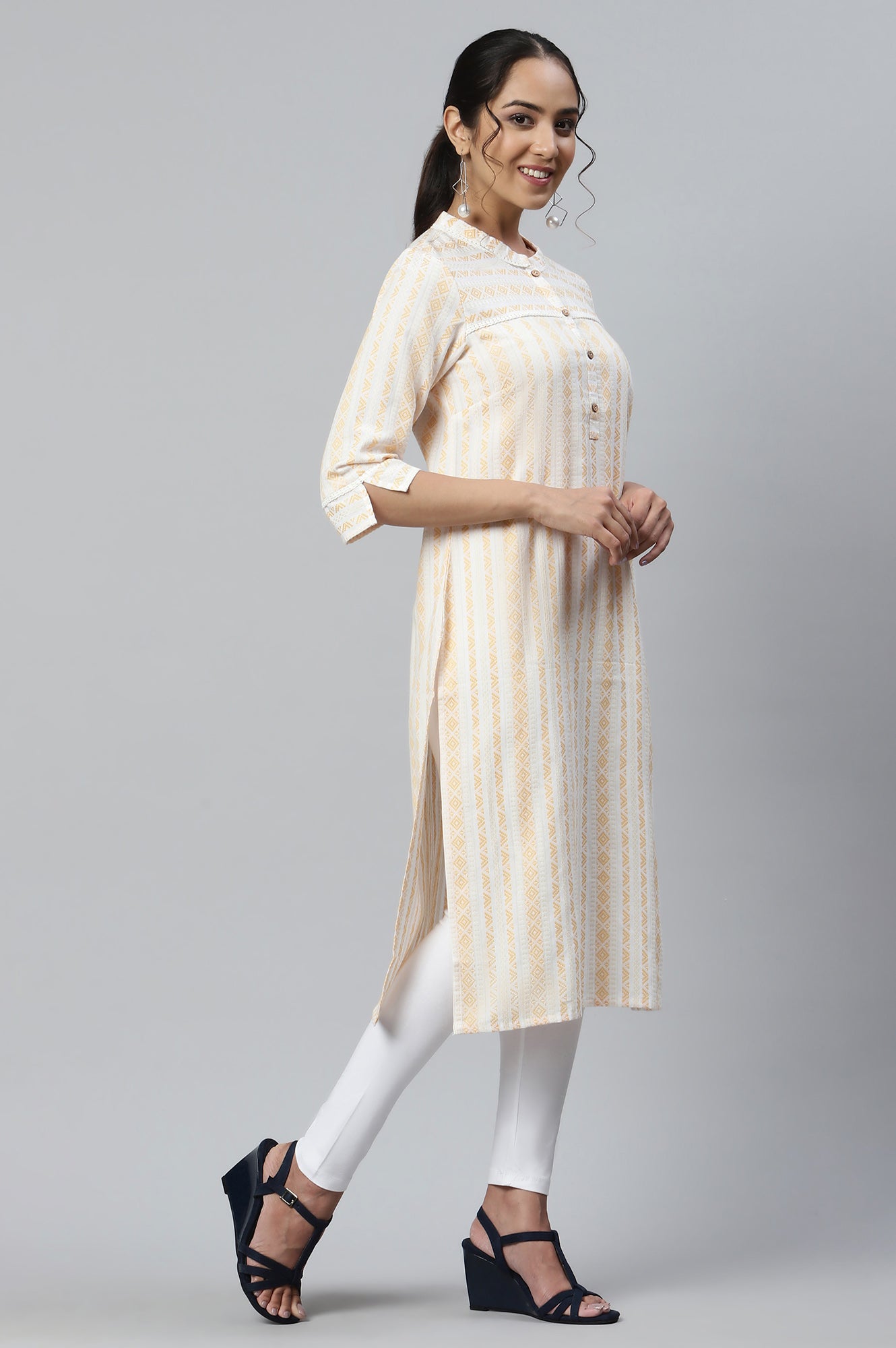 Yellow Cotton Printer Ethnic kurta