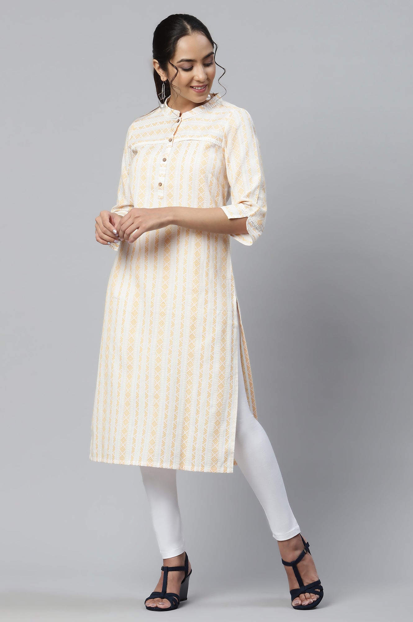 Yellow Cotton Printer Ethnic kurta