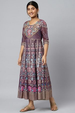 Purple Zari Embroidered A-line Ethnic Dress