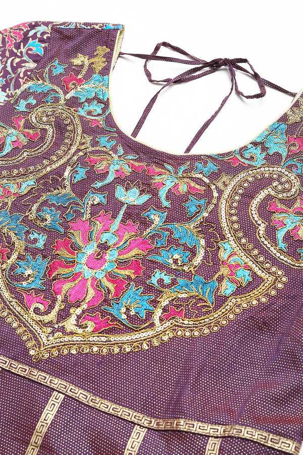 Purple Zari Embroidered A-line Ethnic Dress
