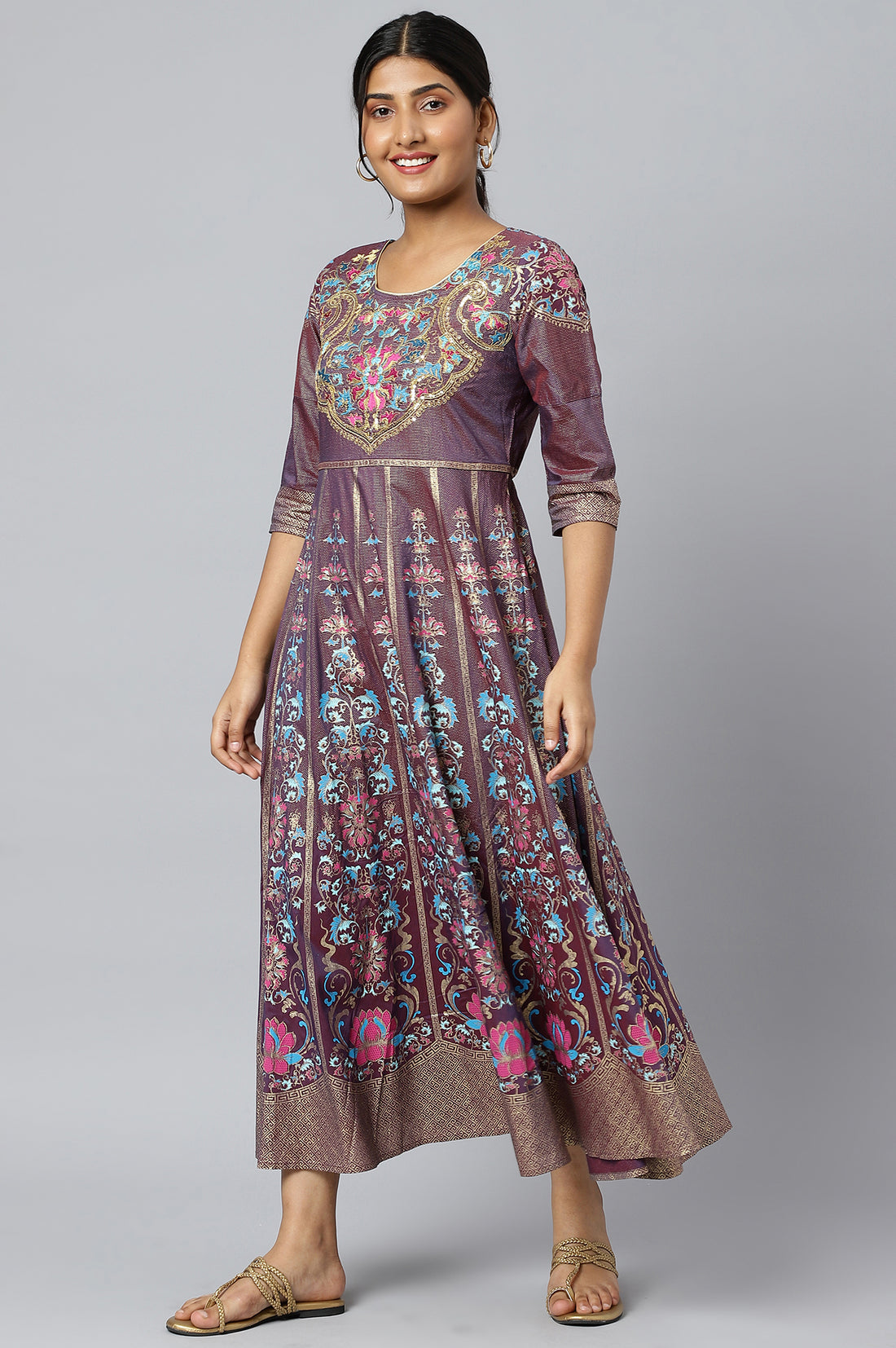 Purple Zari Embroidered A-line Ethnic Dress