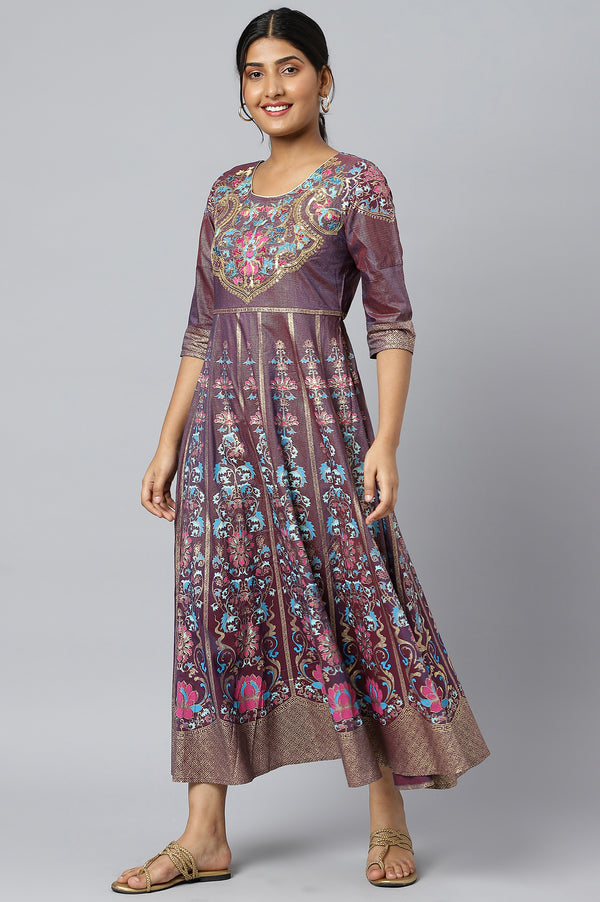 Purple Zari Embroidered A-line Ethnic Dress