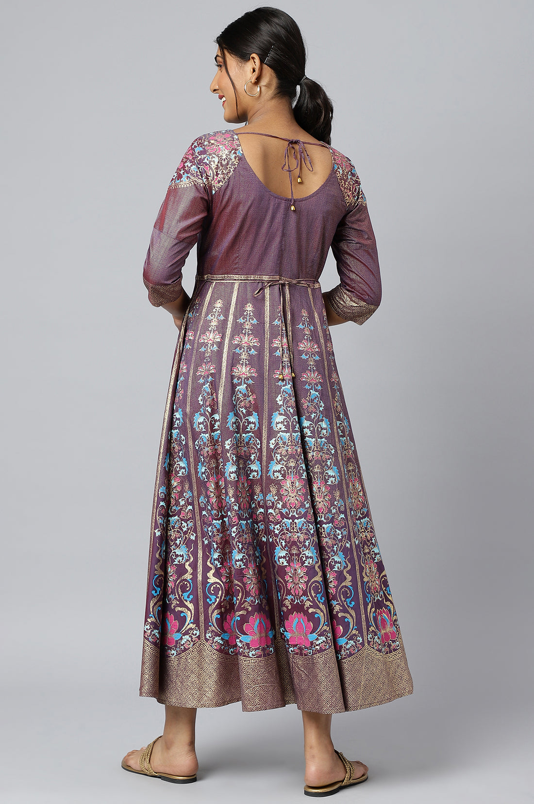 Purple Zari Embroidered A-line Ethnic Dress