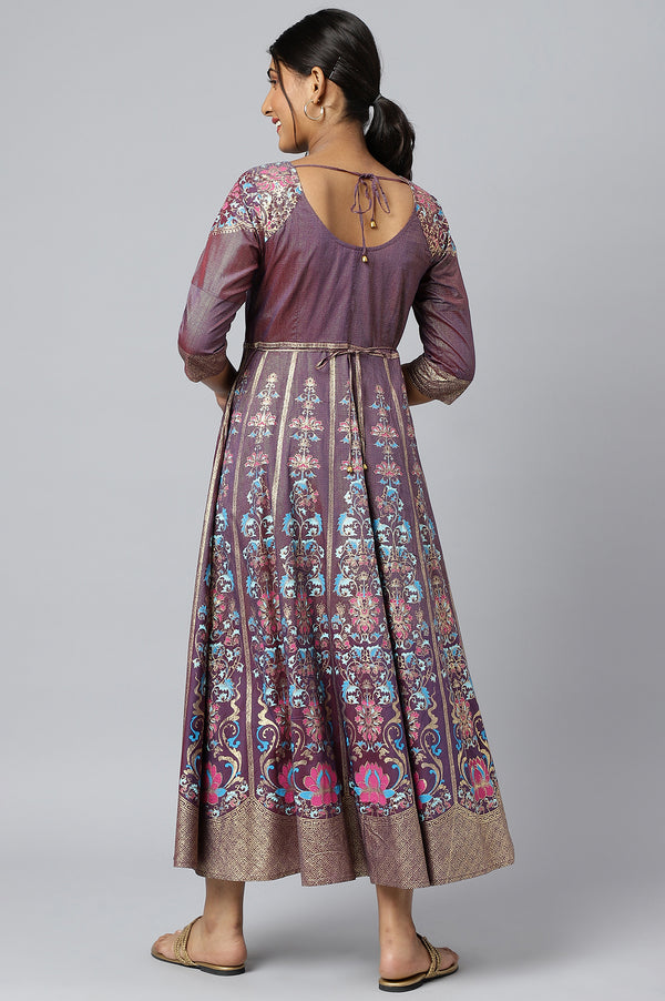 Purple Zari Embroidered A-line Ethnic Dress