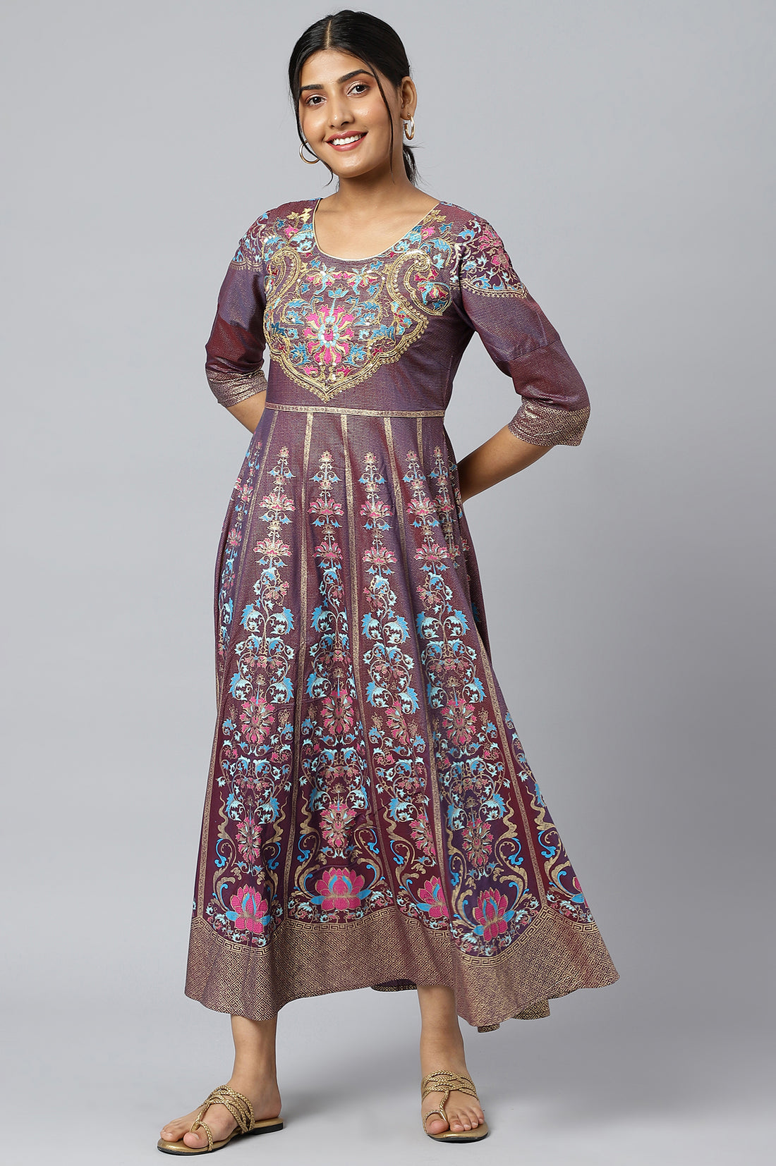 Purple Zari Embroidered A-line Ethnic Dress