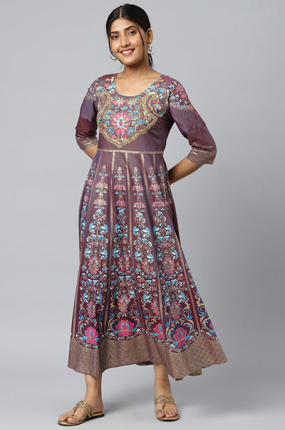 Purple Zari Embroidered A-line Ethnic Dress