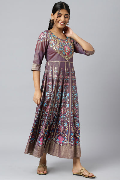 Purple Zari Embroidered A-line Ethnic Dress